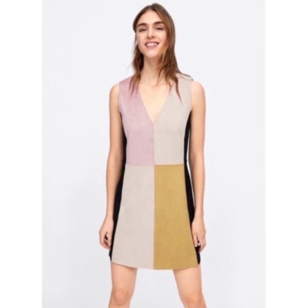 Zara Colorblock Mini Dress - Pink, Beige, Yellow, Black